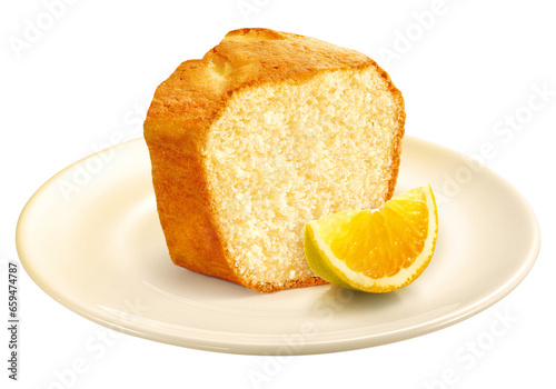 prato com fatia de bolo de laranja acompanhado de fatia de laranja fresca isolado em fundo transparente 
