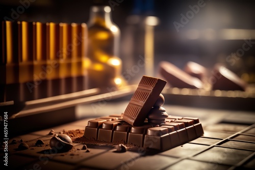 Chocolate bar, cocoa powder, candies. Delicious tasty food sweets background.