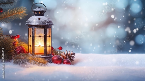 Christmas Lantern On Snow With Fir Branch in the Sunlight Winter Decoration Background 