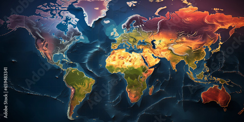 Thematic climate zones map of the Earth, vivid color - coding for different climates