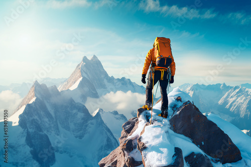A climber climbs a snowy mountain. Bright image, sunset in the mountains.