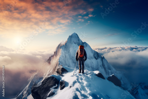 A climber climbs a snowy mountain. Bright image, sunset in the mountains.