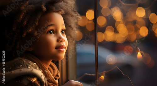 Uma linda menina olhando pela janela com um fundo de luzes