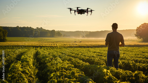 Farmer inspecting crops with drone