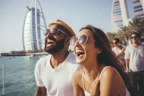 Beautiful couple in sunglasses laughs happily and walks through the streets of Dubai