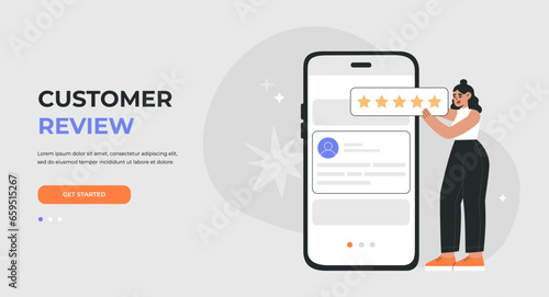 Landing page of customer review concept. Girl consumer with five yellow stars giving satisfaction rating in mobile app. Hand drawn vector illustration isolated on light background, flat cartoon style
