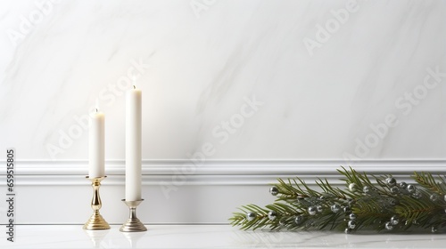  a couple of white candles sitting on top of a table. generative ai