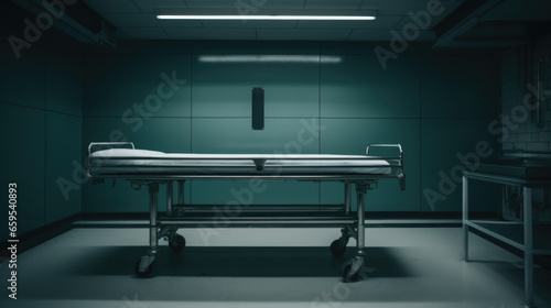 Empty metal bed in autopsy room. The table for dead body. Forensic doctor