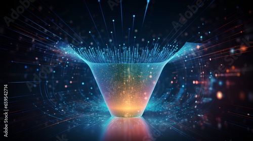 Big data technology and information funnel concept. Large digital funnel with online data as process of data collection, analysis, and transformation into useful information. Modern, digital style.
