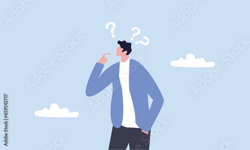 Skeptical, distrust or questioning about business deal, thinking to make decision, doubtful or confusion concept, businessman with suspicious gesture thinking about things with question mark signs.