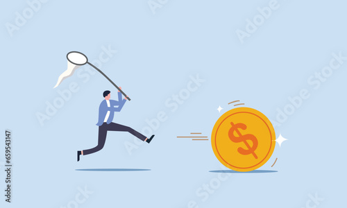 Chasing high performance active mutual fund, buying rising star stock or funds, catch or grab hot ETFs concept, businessman investor run chasing try to catch high performance attractive dollar coin.