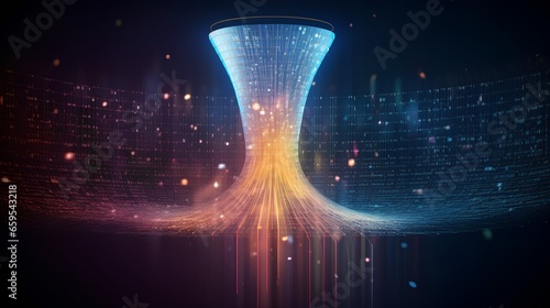 Big data technology and information funnel concept. Large digital funnel with online data as process of data collection, analysis, and transformation into useful information. Modern, digital style.