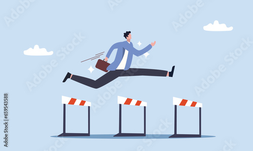 Success to win in business competition, overcome obstacles or motivation to solve problem and lead company achievement concept, confident businessman leader jump high over 3 hurdles to be winner.