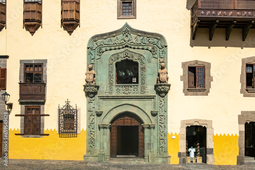 Ornate green entrance to the Casa del Colon house, Las Palmas de Gran Canaria, Spain
