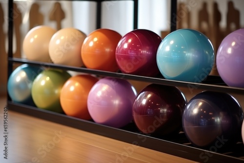 shiny yoga balls placed in a special stand