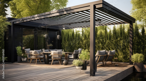 Trendy outdoor patio pergola shade structure, awning and patio roof.