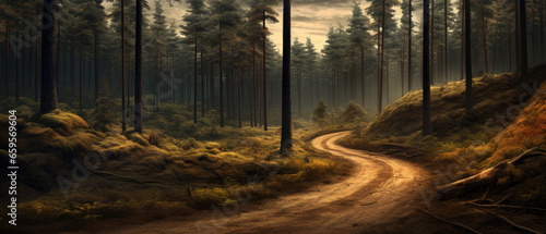 A winding dirt forest road.
