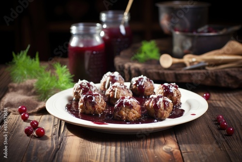 swedish meatballs with lingonberry sauce on a rustic wood table