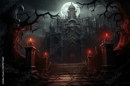 Vampire gate castle with red lights. Stones palace. Generate Ai