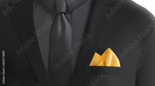 Blank yellow folded pocket square in black classic suit mockup