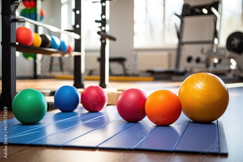 a table with colorful pieces of gym equipment on it