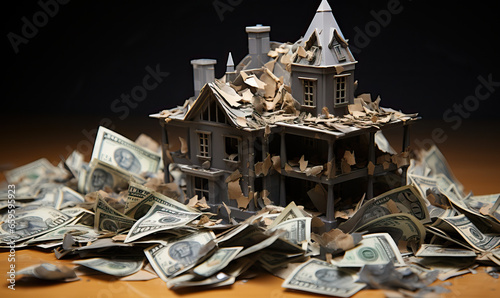 Burning banknote house on a dark background.