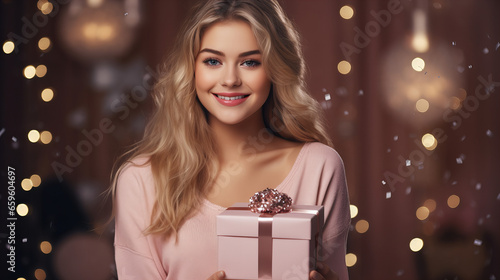 Photo portrait of excited blonde young woman holding gift box in two hands isolated on pastel pink sparkling background, copy space