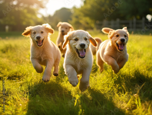 A joyful pack of puppies happily playing together in a picturesque field setting.