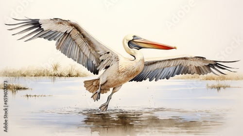  a large bird with a long beak standing in a body of water. generative ai