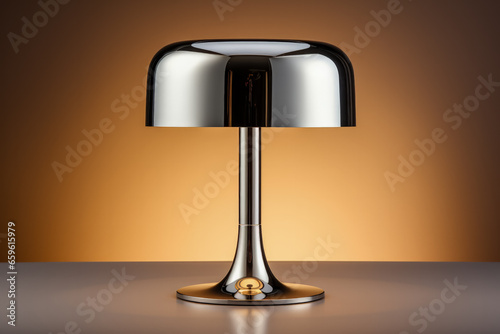 Sleek stainless steel table lamp reflecting light isolated on a gradient background 