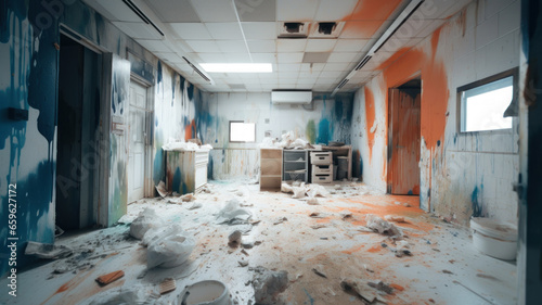 Demolished and destroyed interior of a rage room, anger relief strategy