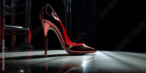 a single elegant red stiletto heel, standing on a glass surface, reflective, dramatic studio lights creating long shadows