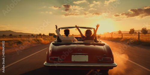 Couple Riding in the Back of an Open Vintage Convertible, Cruising Down the Road After Sunset, With the Sun Still Illuminating the Sky, Creating a Timeless and Romantic Journey