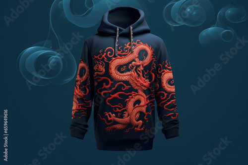 Black hoodie with red dragon print, mock up
