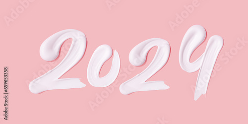 Happy New year 2024 smeared cream mark. White paint numeral 2024 on pink background. 3D rendering