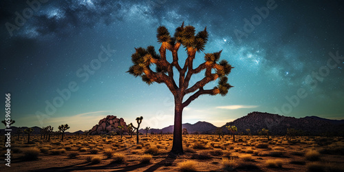 Captivating shot of a lone Joshua Tree surrounded by prickly pear cacti, framed against the Milky Way