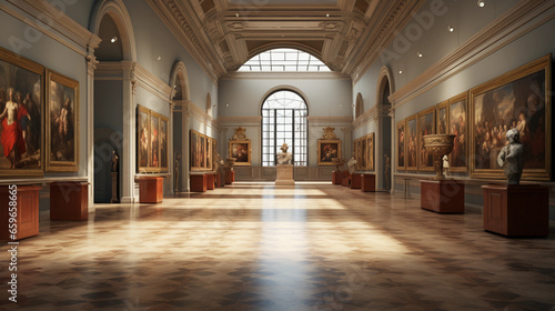 Renaissance art, warm ambient lighting, paintings aligned symmetrically on beige walls, highly detailed, museum guard in the distance, Carrara marble flooring