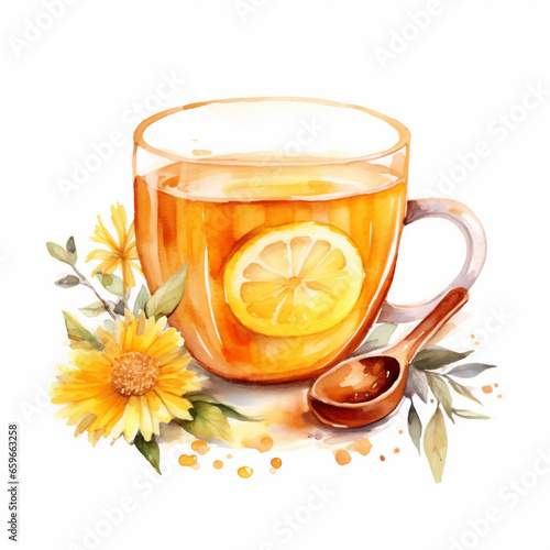Watercolor hand painted hot cup of tea with lemon and honey simple sketch illustration isolated on white background. Hand drawn clip art for menu and ads