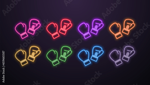 A set of neon bright shiny boxing glove icons in the colors green, orange, blue, white, red, yellow, purple and pink on a dark background.