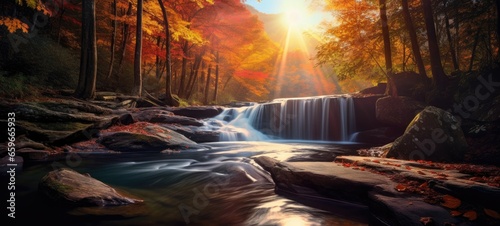 sunny autumn-winter landscape scene featuring a flowing waterfall and colorful trees in the morning