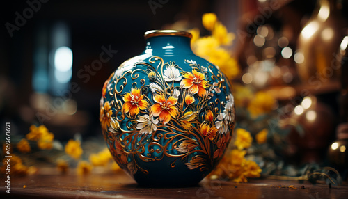 Rustic elegance Antique ceramics, ornate pottery, and floral patterns adorn home generated by AI