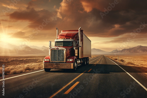An American truck driving on the highway AR-32 with a beautiful landscape in the background.