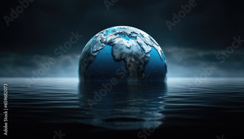 Landscape with planet earth in water, concept of climate change and global warming. Generative AI