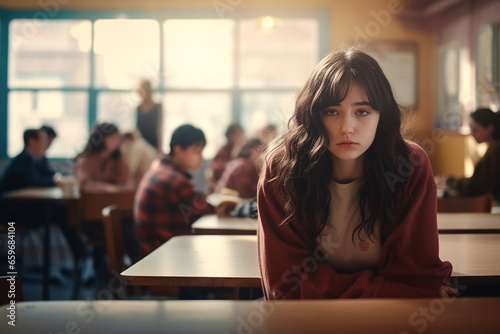 Teenage girl sits alone in a school cafeteria