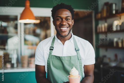 male small business owner of a neighborhood ice cream shop with an ice cream cone