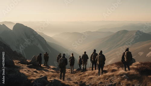 Men hiking mountain peak, walking outdoors, group of people exploring nature generated by AI