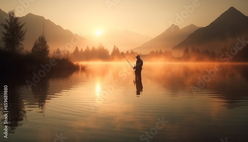 One man fishing at dawn, back lit by sunrise silhouette generated by AI