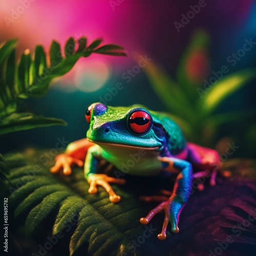 Red-eyed tree frog (Hyla arborea) in a tropical rainforest setting.