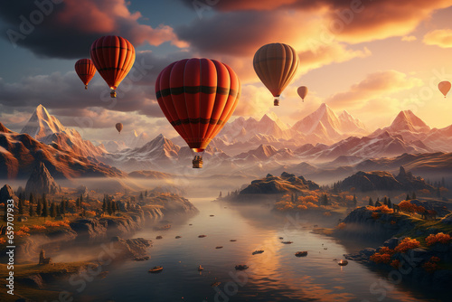 hot air balloons fly over the mountains. 