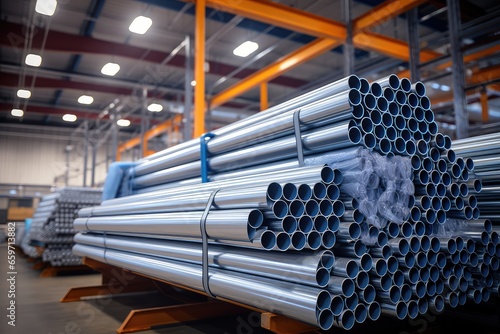 High quality steel pipe or aluminum in stack waiting for shipment in warehouse, Steel industry.
